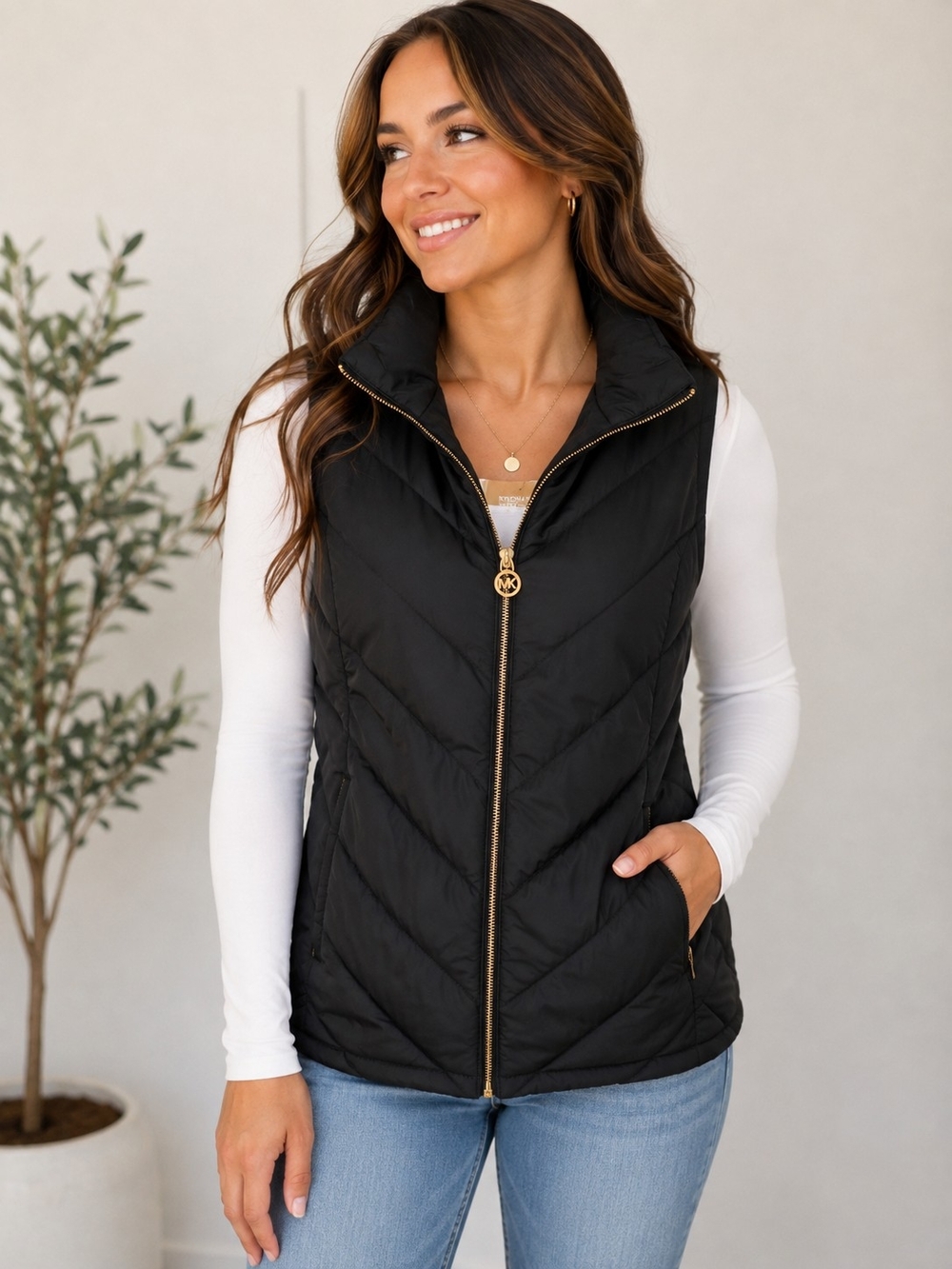 Michael Kors Black Quilted Puffer Vest with Gold Trim